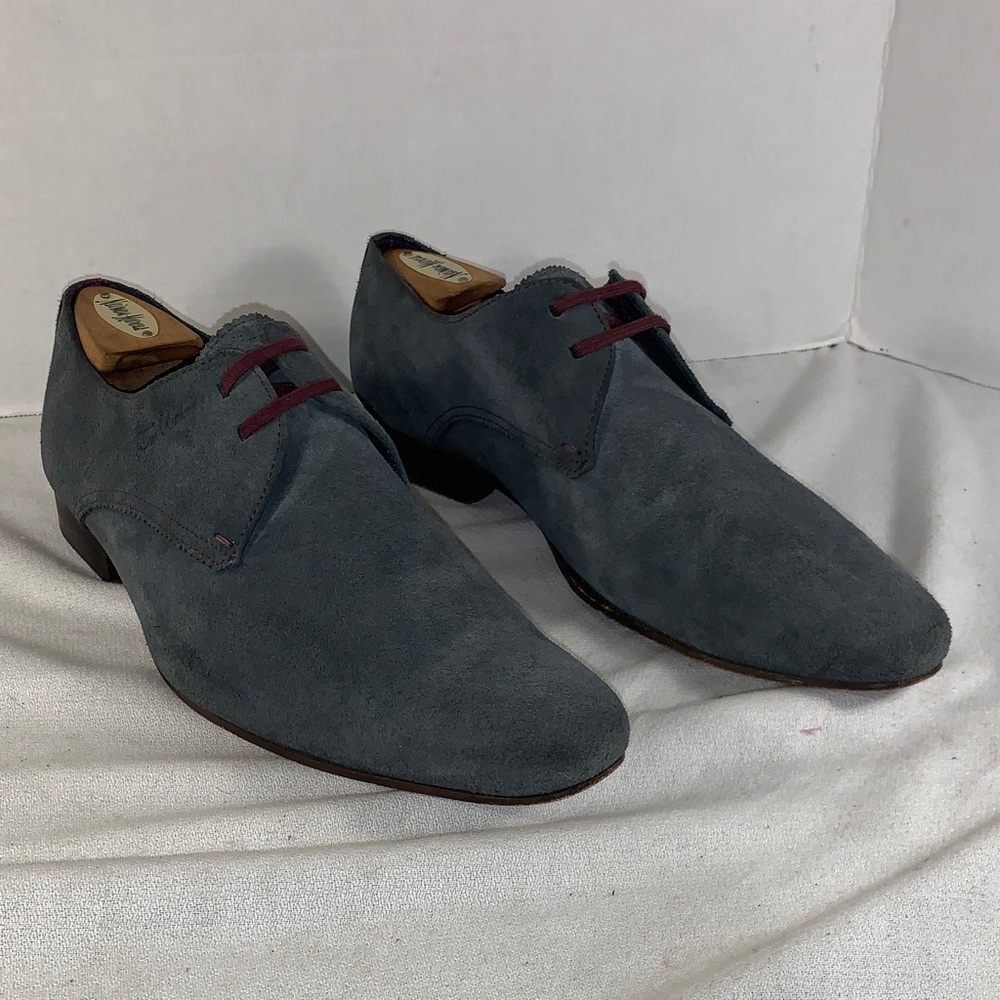 Ted Baker Slate Blue Suede Oxfords with Burgundy Laces